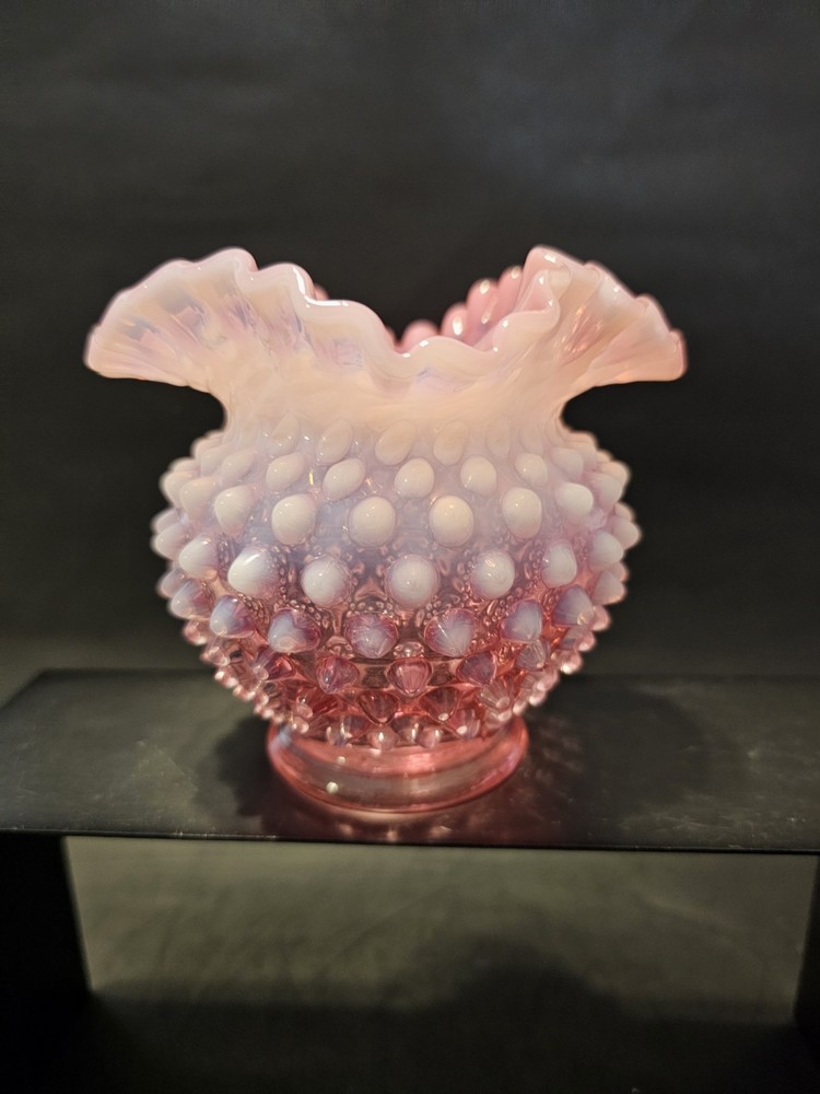 VTG Fenton Cranberry Opalescent Hobnail Glass Rose Ruffled Vase 5.5 Inches Tall