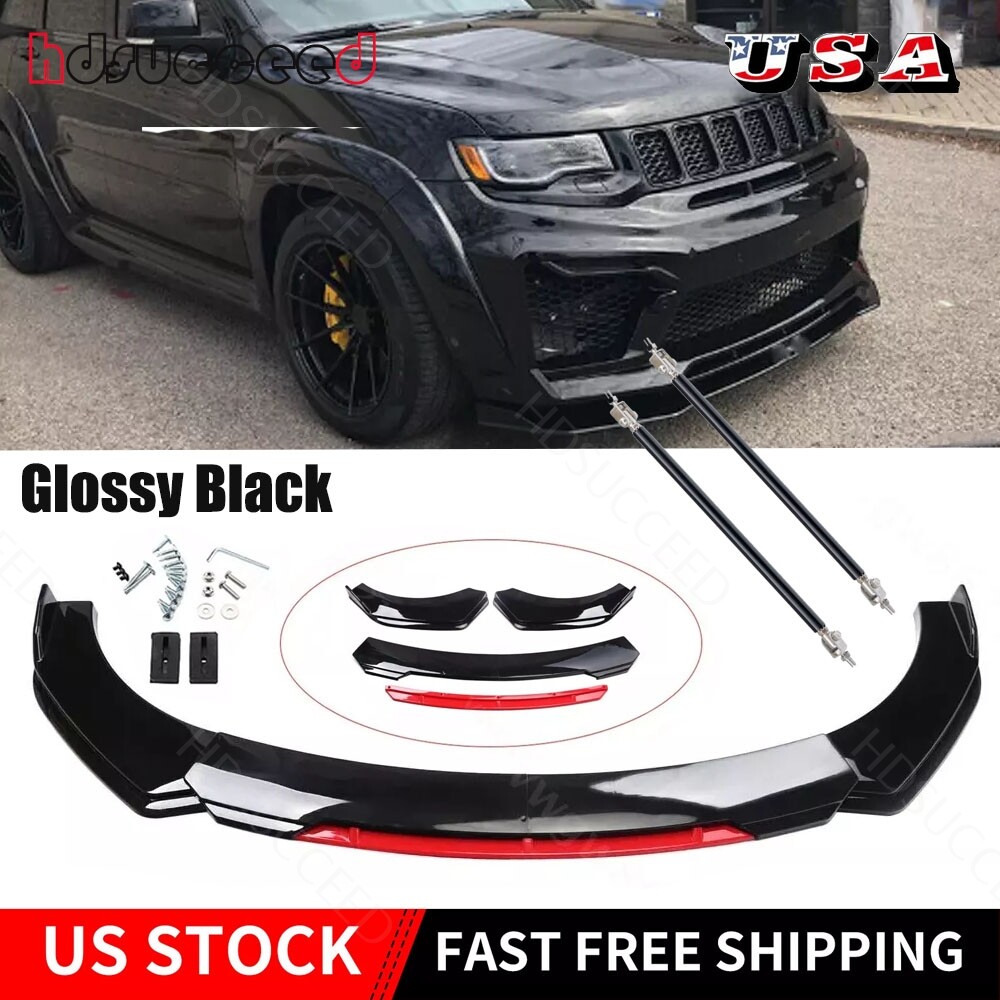 Alerón labial de parachoques delantero + varillas de puntal negro brillante para Jeep Grand Cherokee EE. UU.