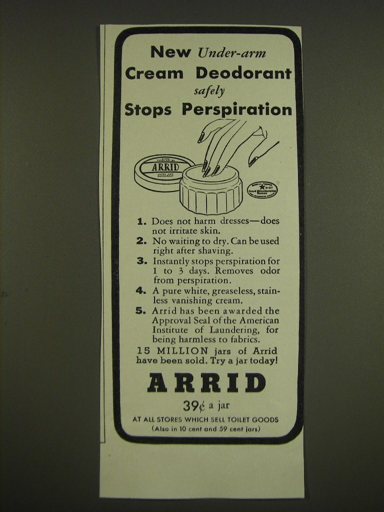 1939 Arrid Deodorant Ad - New under-arm cream deodorant safely stops