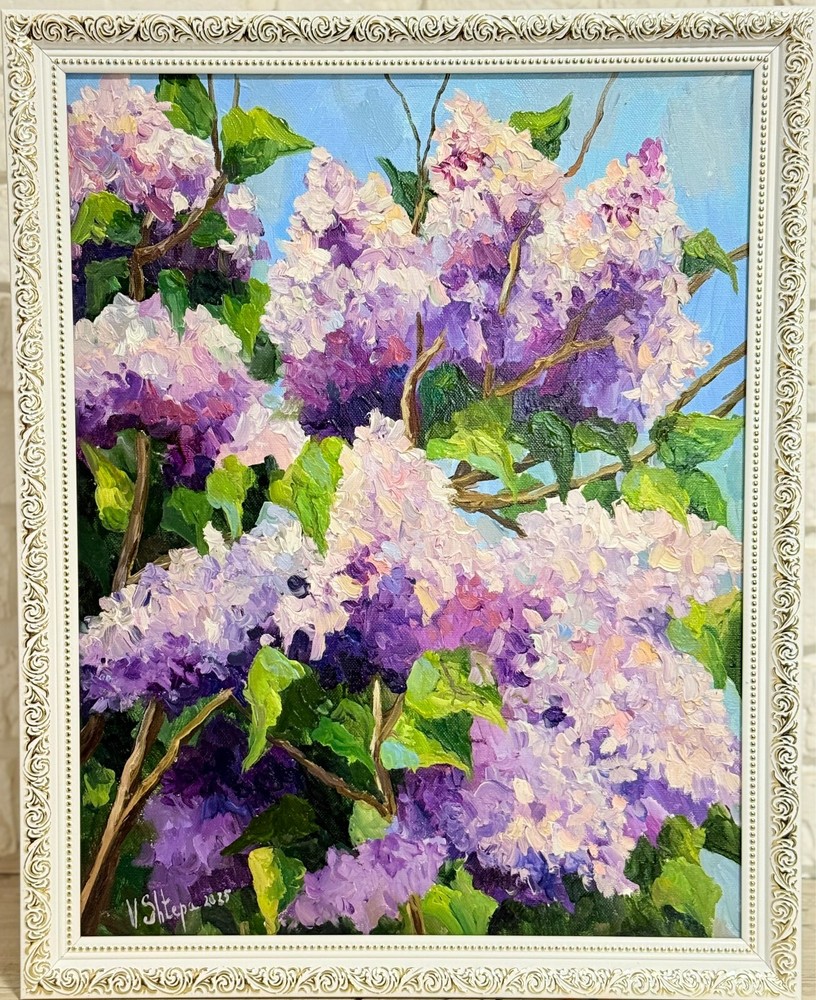 Framed Original Oil Painting Lilac Flowers Spring Impressionism Landscape Art