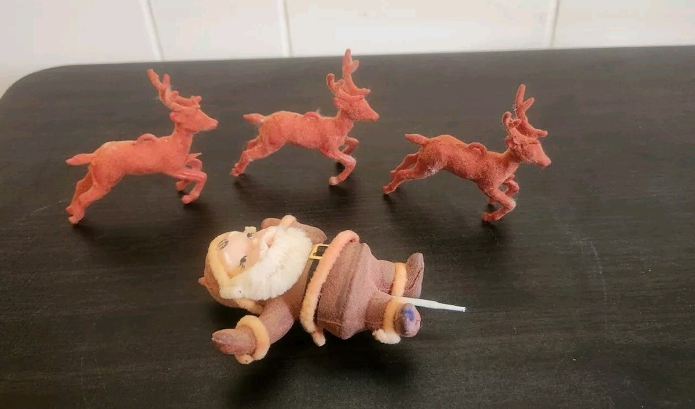 Vintage Flocked Deer Reindeer Santa Christmas Decor Holiday Ornaments