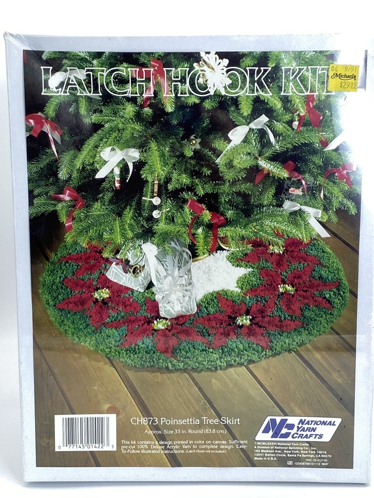 Vtg Christmas Tree Skirt Latch Hook Kit Poinsetta Unopened 33” Round