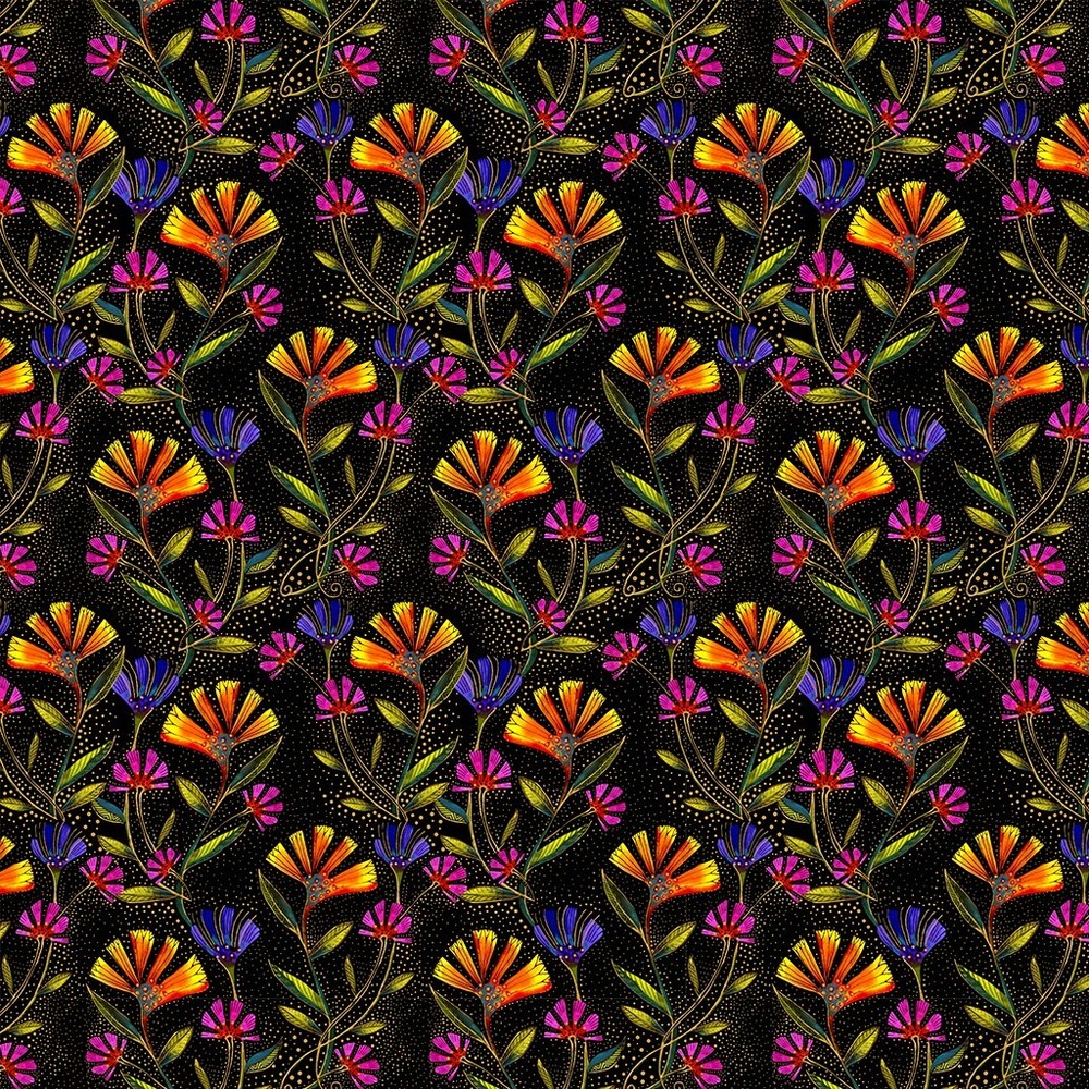 Laurel Burch Earth Song Viney Flowers Multi on Black Fabric By the FQ - 1/4 YD