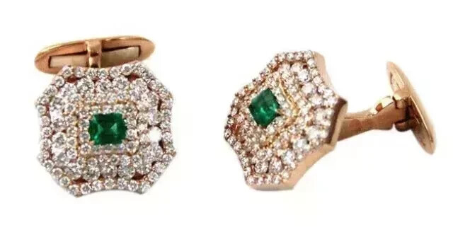4Ct Princess Cut Lab Created Emerald Unisex Men's Cufflinks 14K Rose Gold Plated
