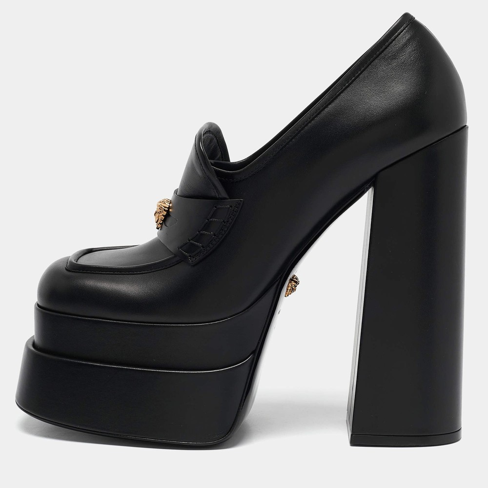 Versace Black Leather Medusa Aevitas Double Platform Pumps Size 41