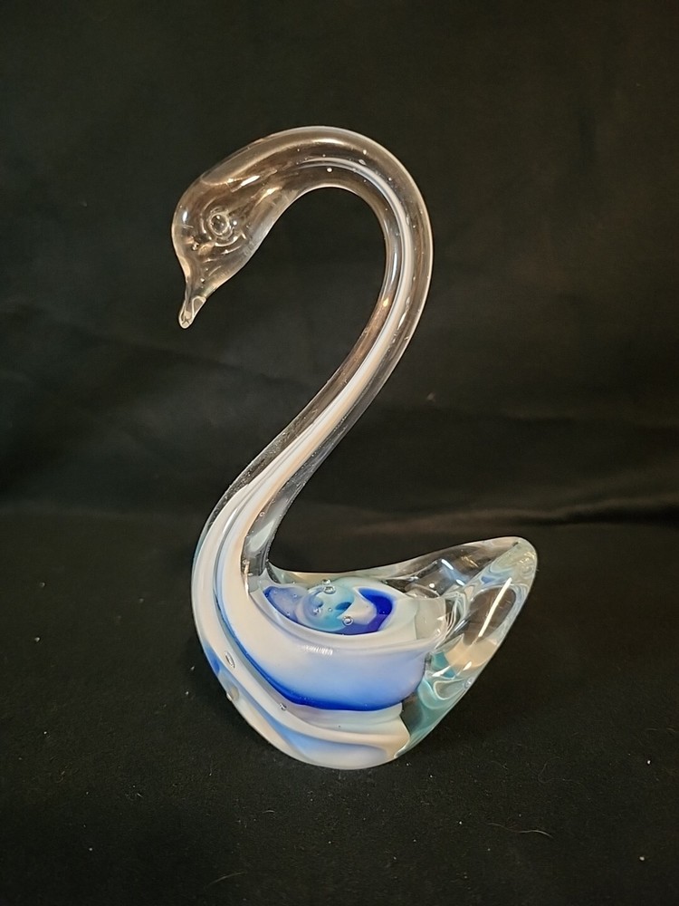 Vtg PPC Art Glass Blue & White Swirl Swan Paperweight Figurine 6.5
