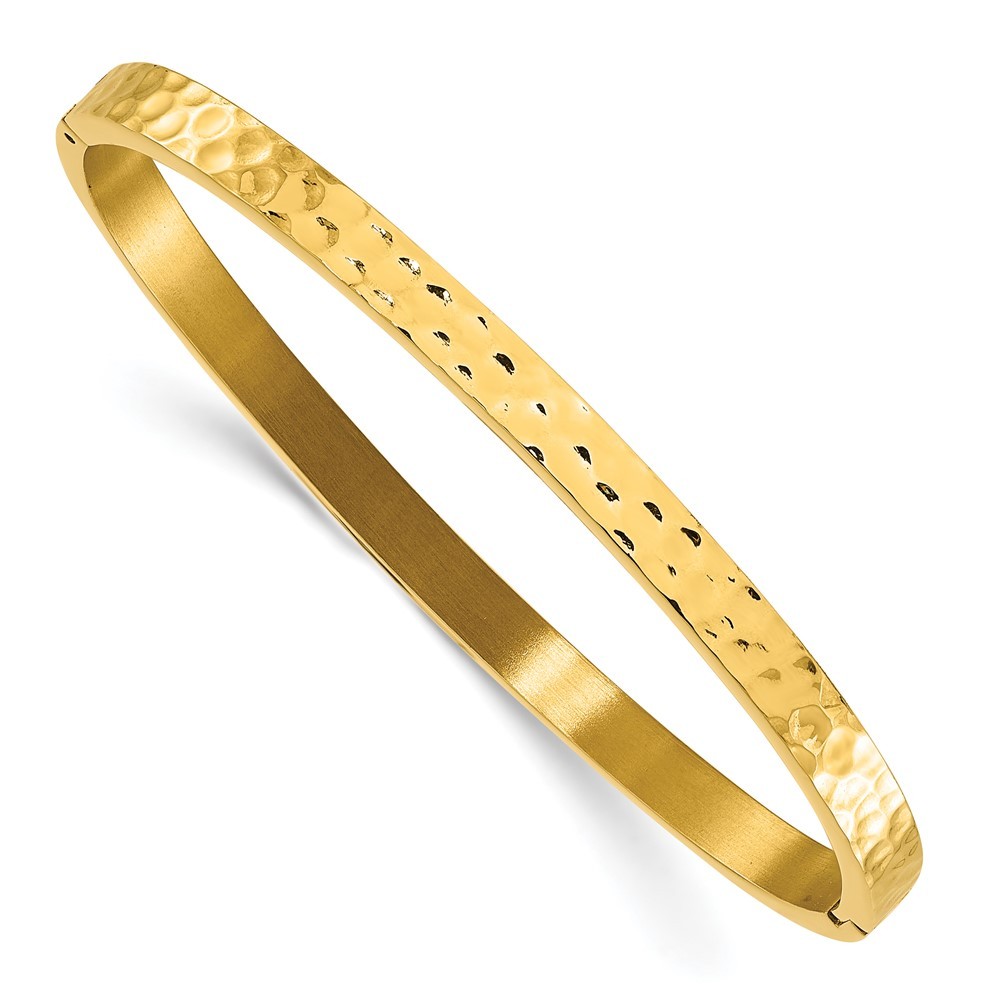 Stainless Steel Polished and Hammered Yellow IP-plated Bangle Bracelet 6.75