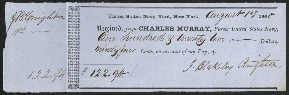 1860 Navy Pay Voucher Issued to Future Rear Admiral Johnston B. Creighton-image