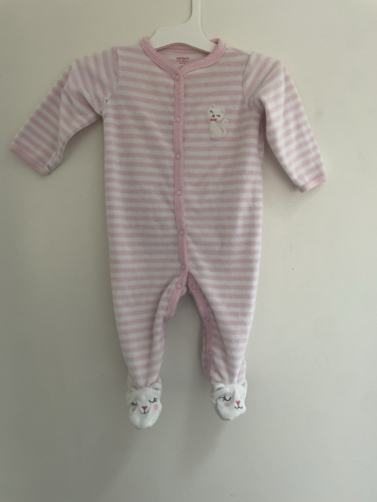 Carter's Baby Girls Cute Cat Applique Striped Terry Snap-Up Sleep & Play Pink 6M