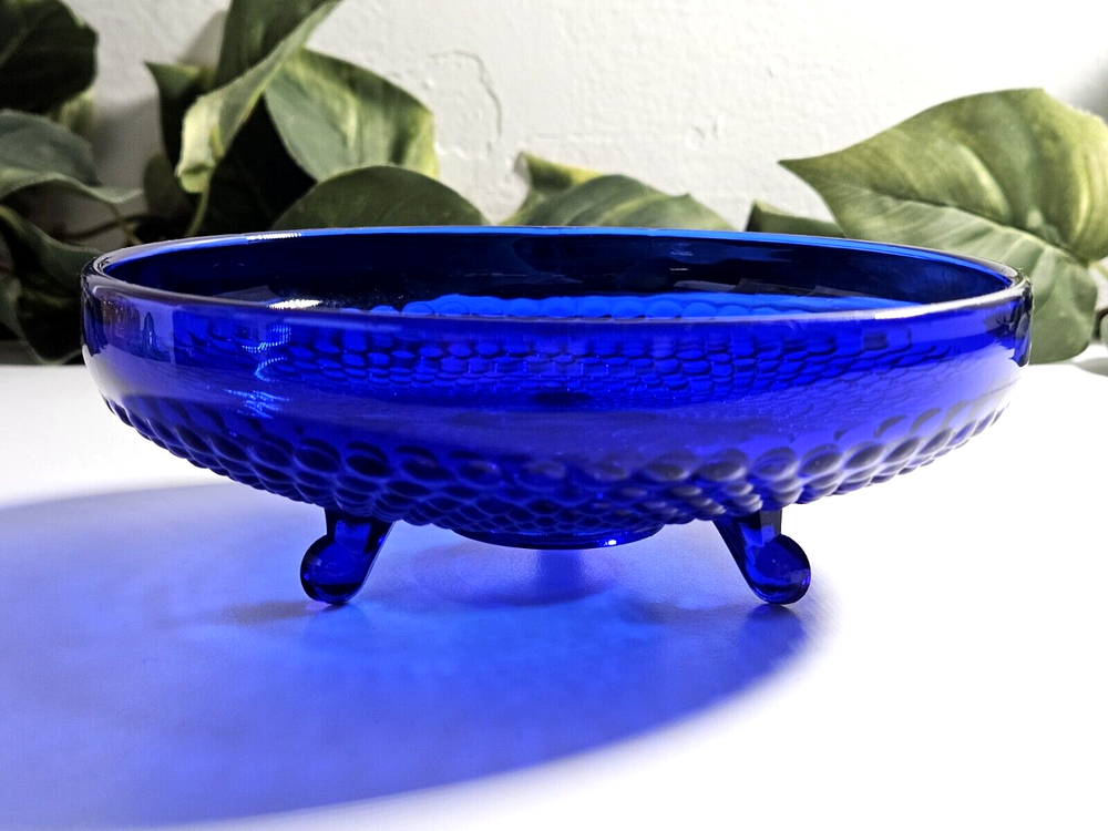 Vintage Cobalt Blue Glass Hobnail Three Footed Console Bowl Relish Dish 6.25