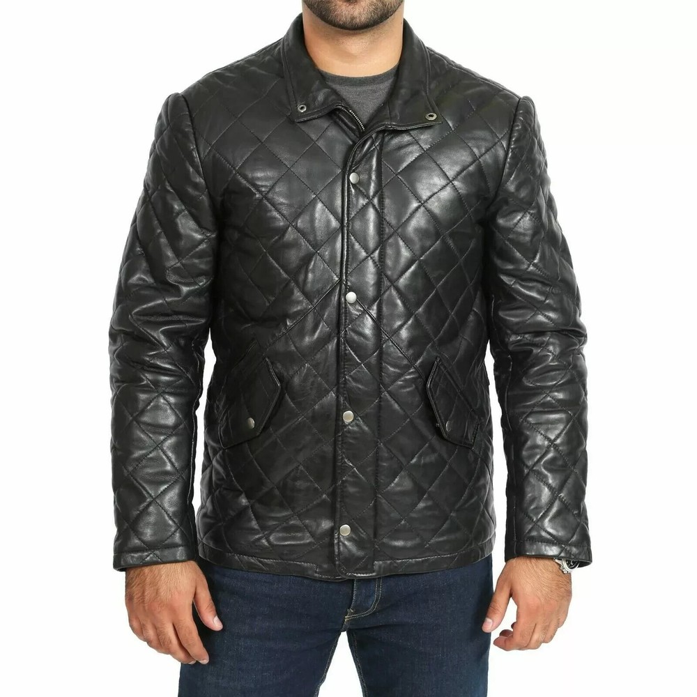 Men's Black Real Leather Quilted Coat Genuine Lambskin Leather Biker Moto Jacket