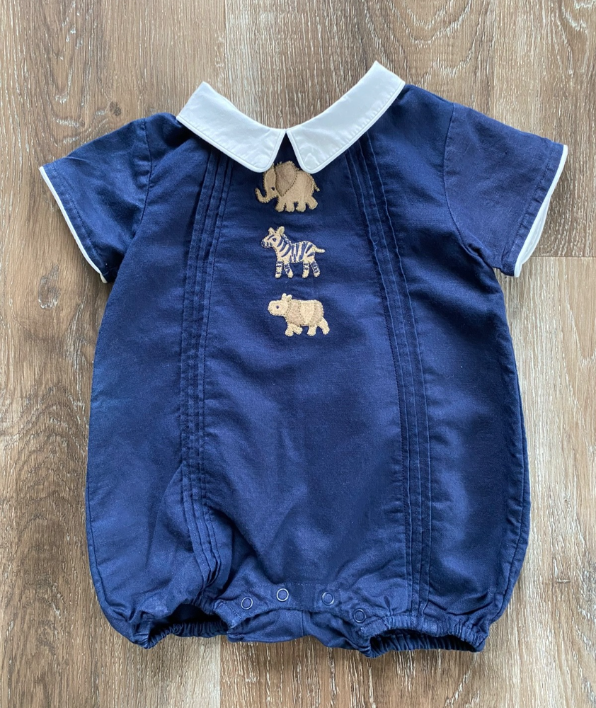 JANIE & JACK navy blue linen blend romper~Boy's Size 0-3 months~Safari Animals