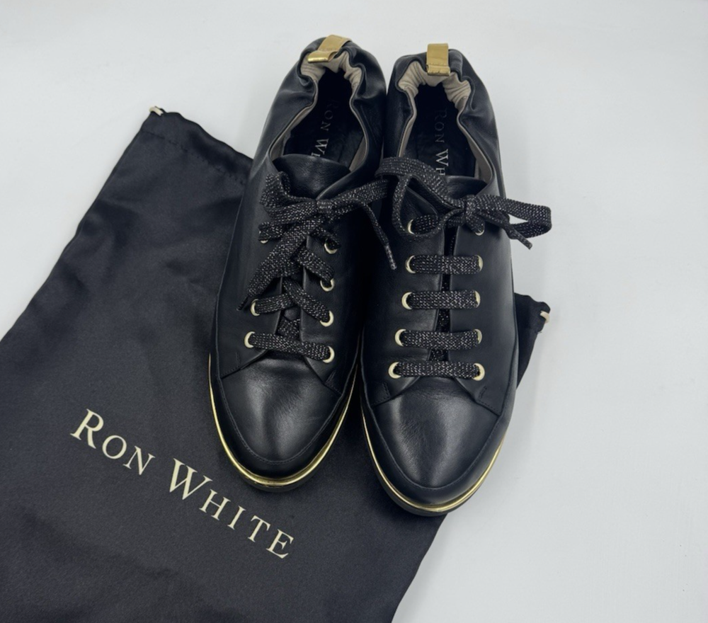 Ron White Nicole Leather Onyx Black and Gold Lace up Sneakers Size 40/9US