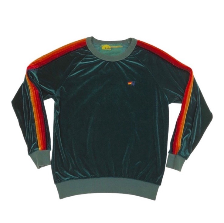 Aviator Nation Velour Green Pullover Sweatshirt Rainbow Stripes Long Sleeve