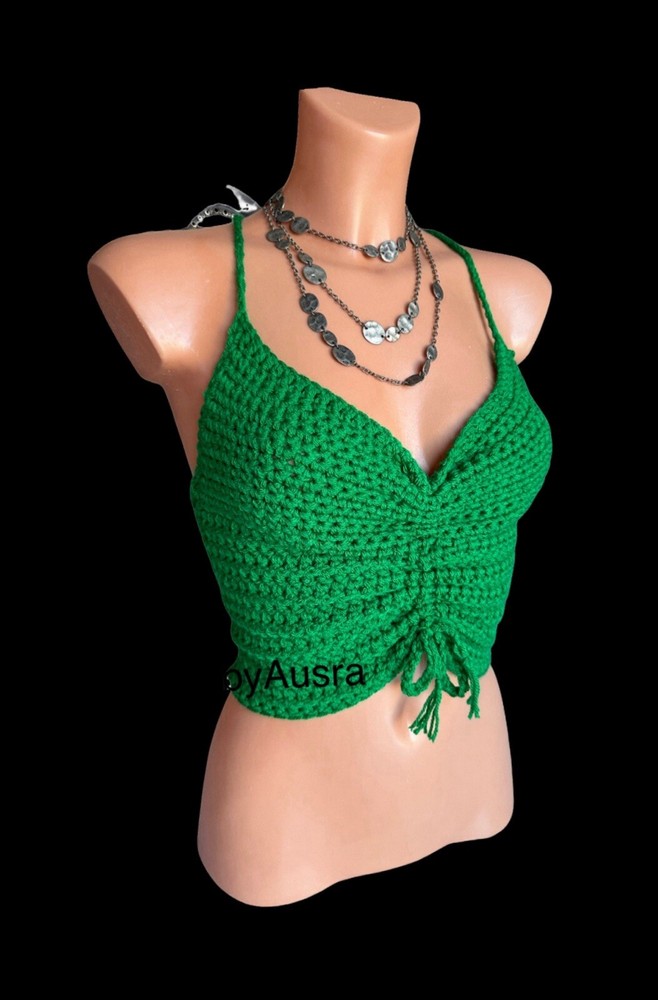 Crochet Top Boho Holiday Halter Cami Tops Size6-10 psbyausra Green / Sparkles