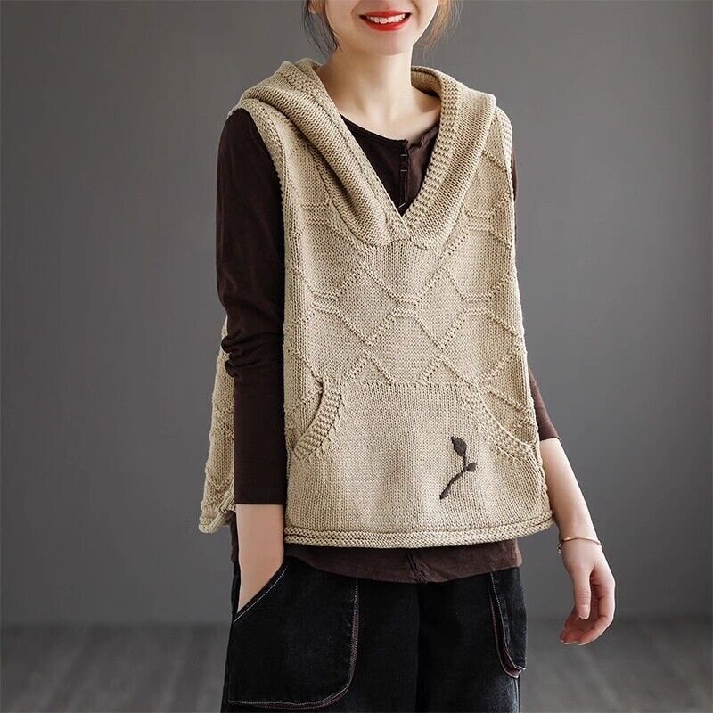 Women Pullover Hooded Vest Waistcoat Knit Tank Top Sleeveless Jumper Sweater