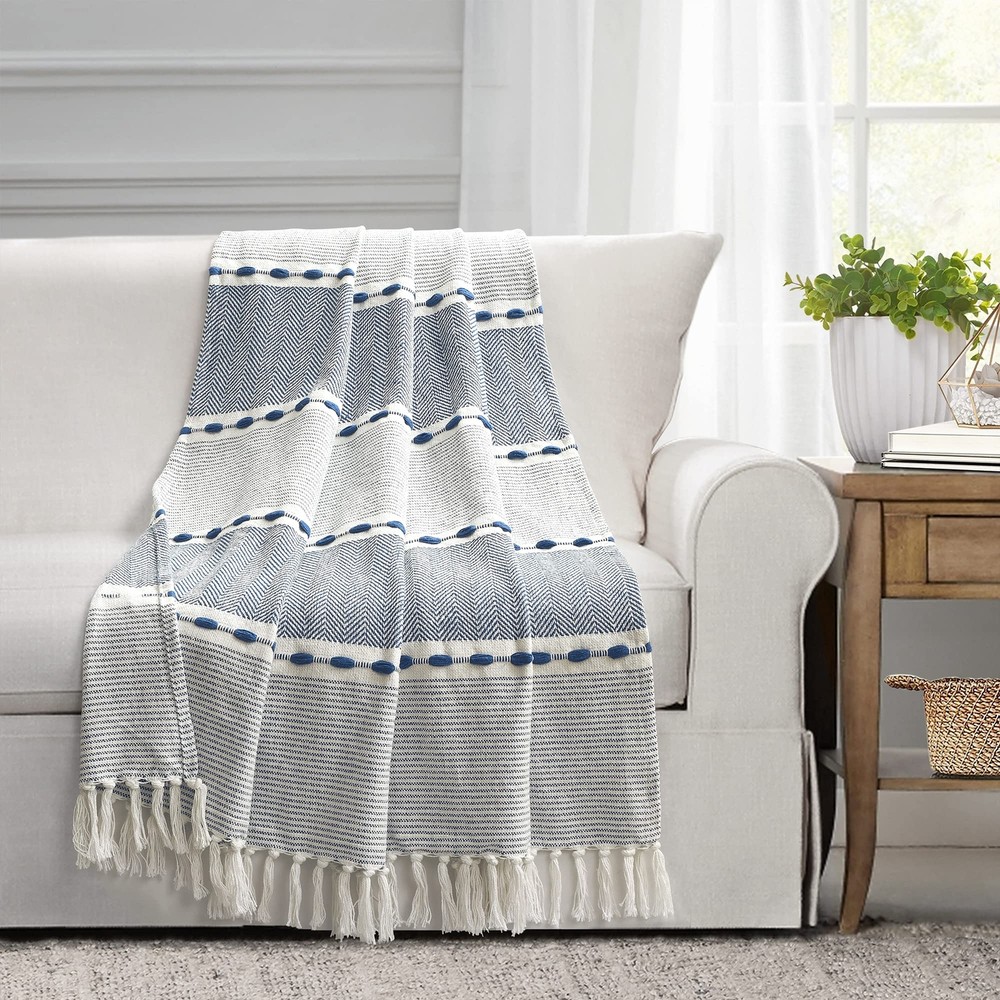 Lush Decor Herringbone Stripe Yarn Dyed Cotton Woven Tassel Blanket, 60