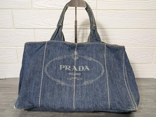 Prada Canapa Denim Large Tote Bag with White Logo Made in Japan