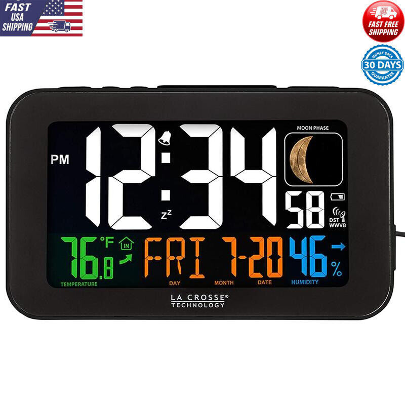 Atomic Digital Alarm Clock USB Charging Temperature Humidity Moon Phase Display