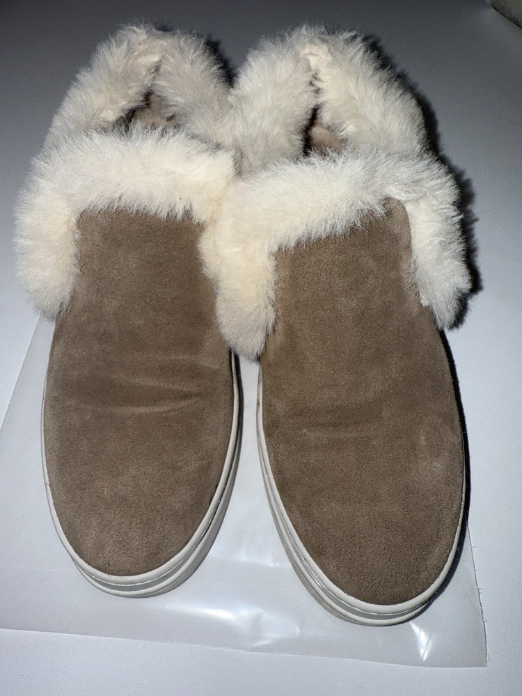 J/Slides NYC Women’s Shearling Lined Suede Slip On Shoes Size 8 Tan Fur Cozy