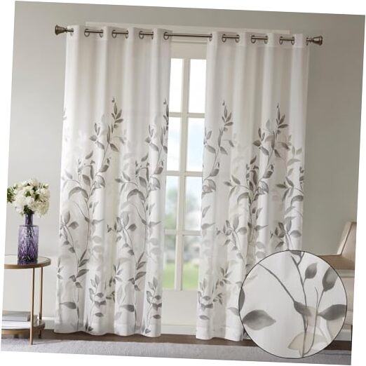 Semi Sheer Leaf Print Curtains 50x84 2-Panel Set Grey Living Room