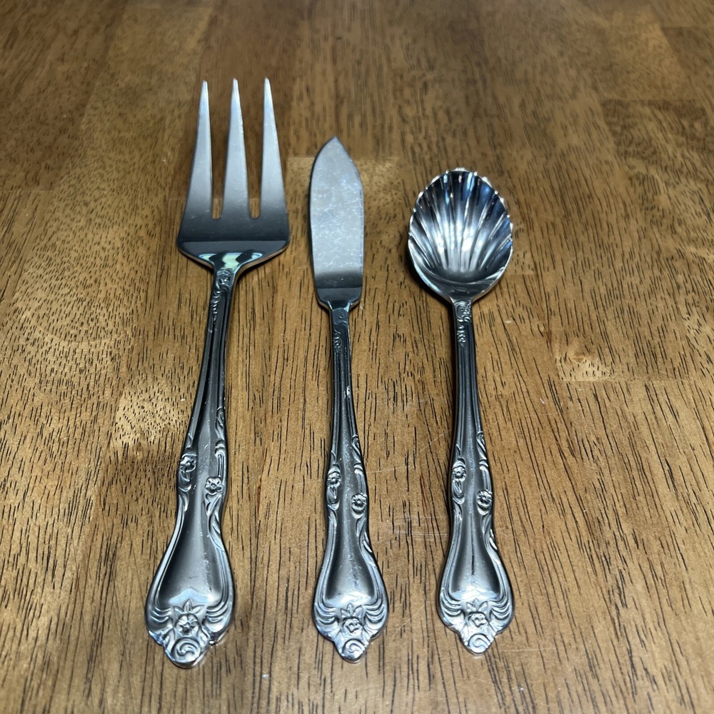 Oneida AZALEA 3 Piece Hostess Set Stainless Serving Fork Sugar Spoon Butter