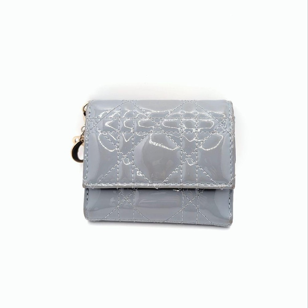 Dior Lotus Lady Canage Blue Leather Card Holder Wallet Pre-Owned