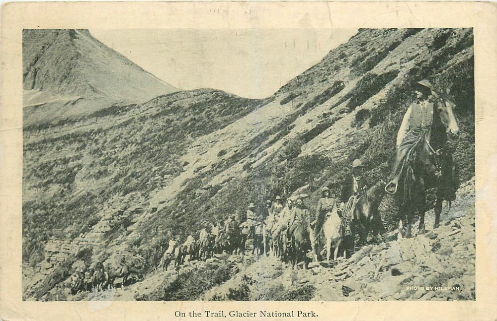 c1910 Montana Glacier National Park On the Trail hoses people Postcard 25-8208