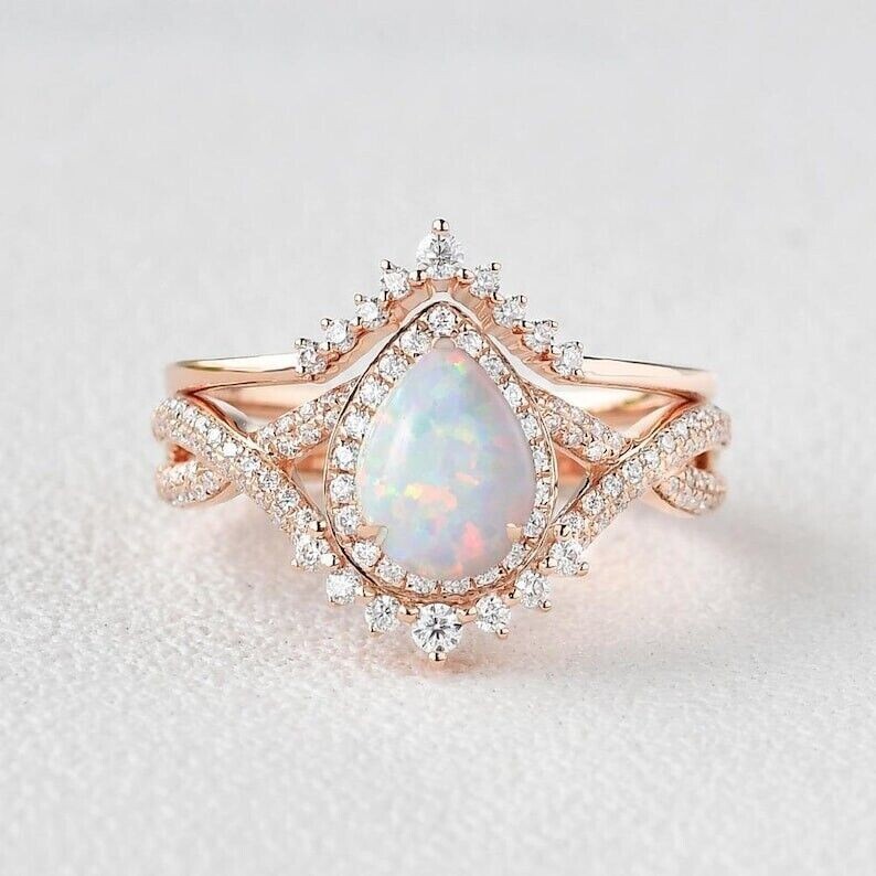 2Ct Pear Cut Lab Created Fire Opal Rose Gold Plated Over Silver Wedding Ring Set