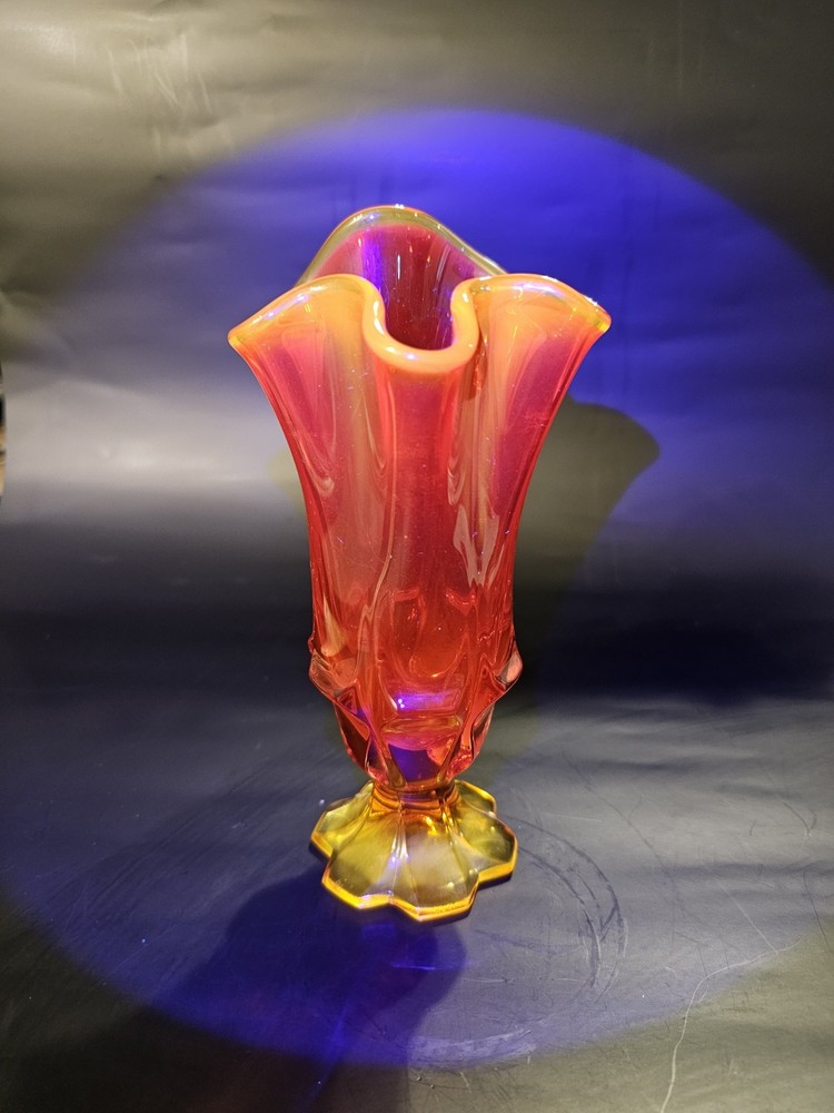Vintage Mid Century Fenton Amberina Art Glass Pedestal Handkerchief Swung Vase