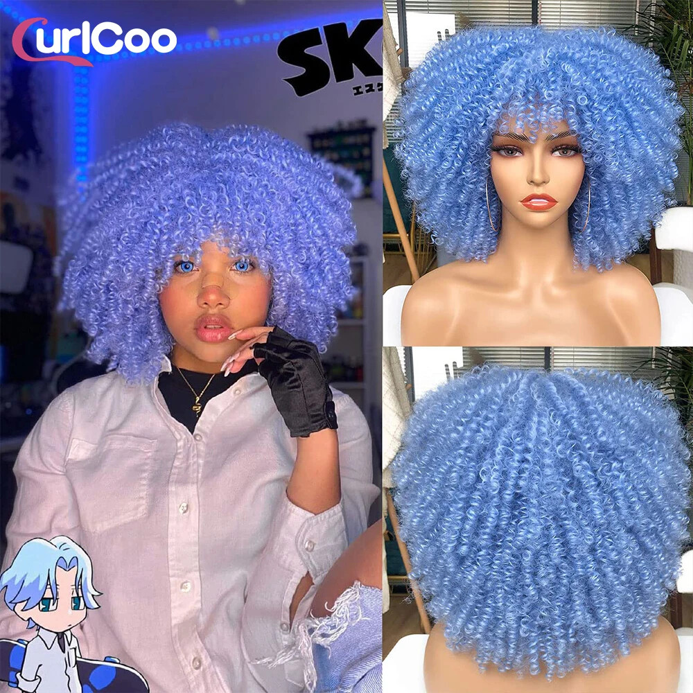 Short Kinky Curly Synthetic Wig with Ombre Bangs for Glueless Cosplay & Halloween