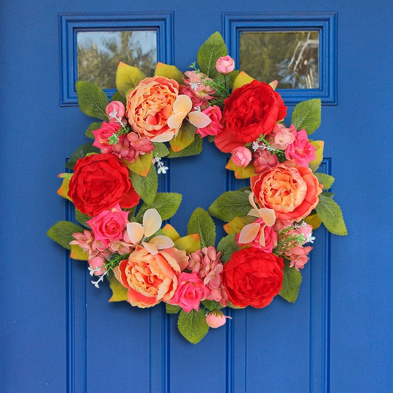 Colorful Artificial Seasonal Wreath for Front Door or Porch with Flowers-image