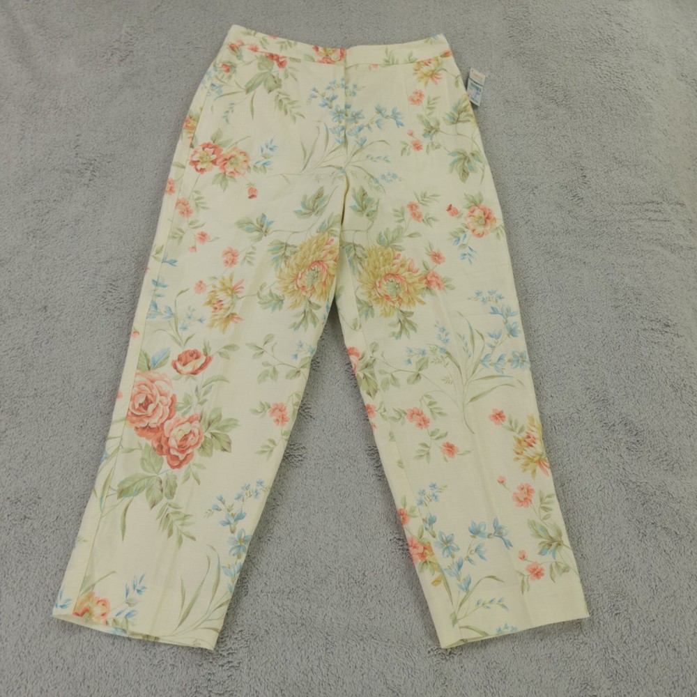 Talbots Linen Pants Womens 4 Petite Beige Floral Multi Capri Cropped Cottagecore