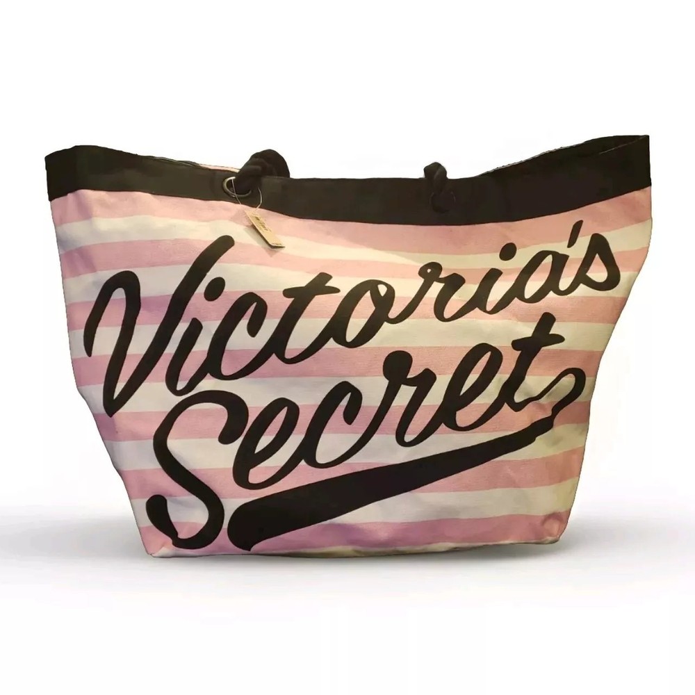 Victoria’s Secret Signature Stripe  Getaway Beach Tote Bag NWT inside pocket $58