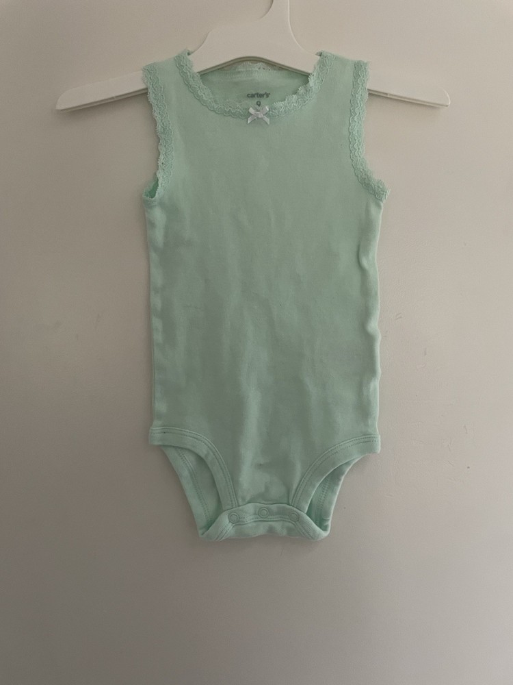 Carter's Baby Girl Solid Blue Bow Lace Trim 100% Cotton Sleeveless Bodysuit 9M