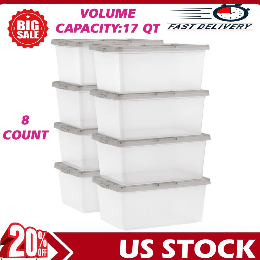 17 Qt Clear Stackable Plastic Storage Bins with Lids - 8Pk