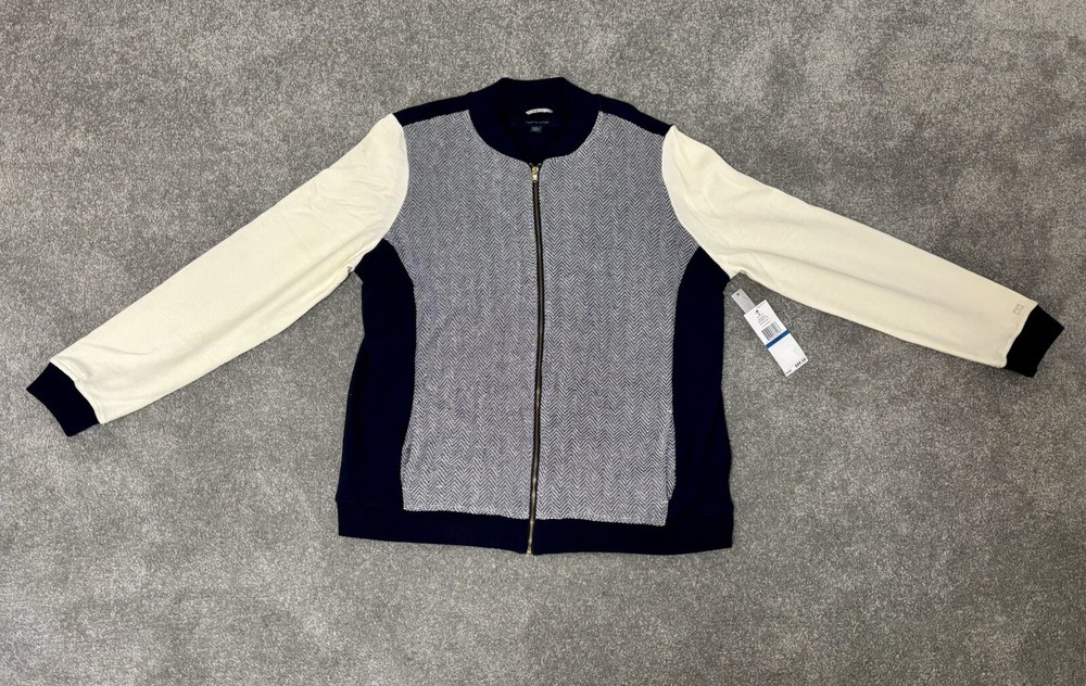 NWT Tommy Hilfiger Athluxe Zip Bomber Jacket Navy Gray White Womens XL