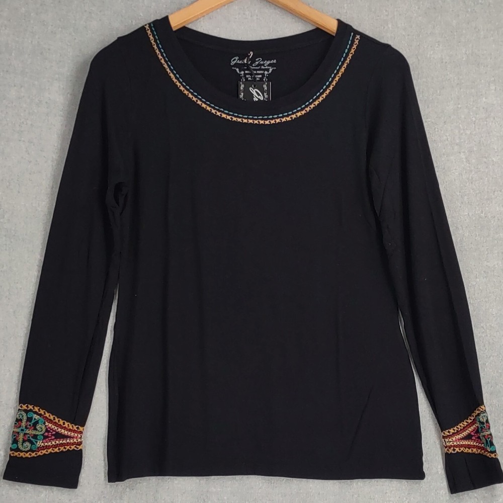 Gretty Zueger Boho Tribal Stretch Rayon Top Womens Medium Black Embroidered Pull