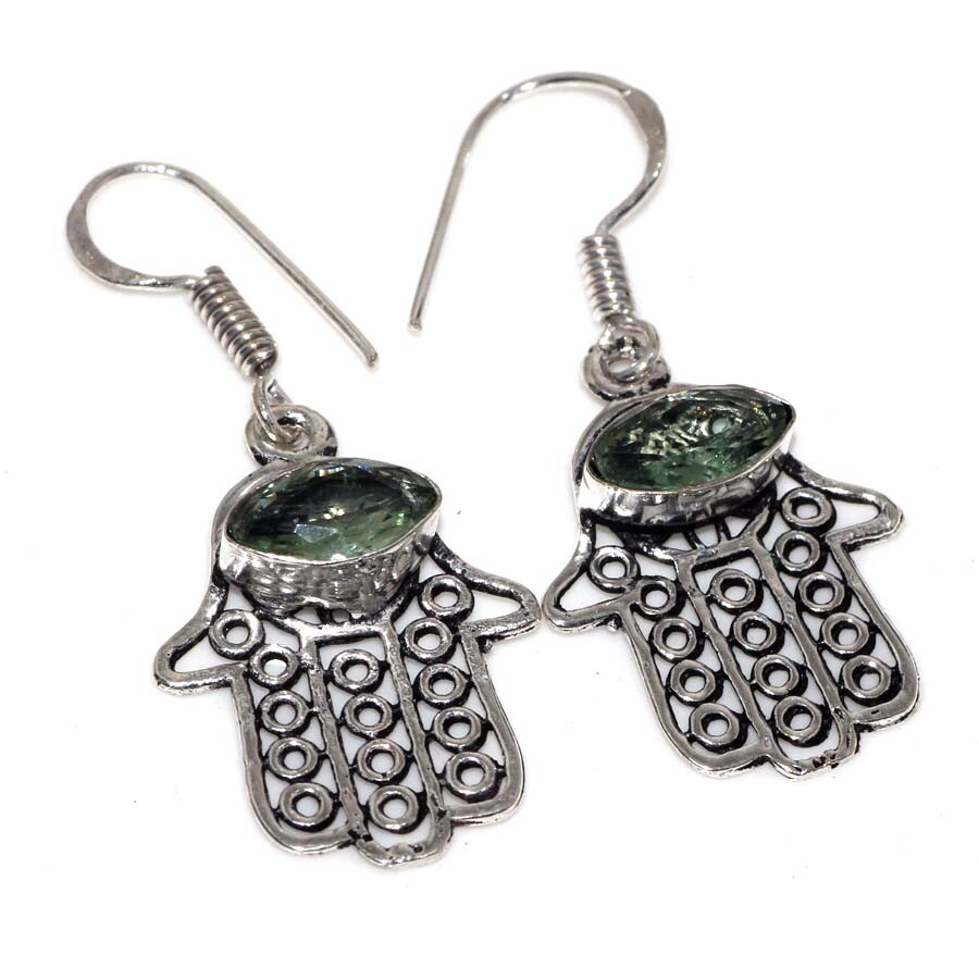 925 Silver Plated Peridot Ethnic Handprint Gemstone Earrings 1.6 Inch Jewelry JW