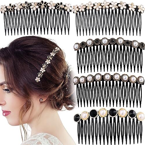 5pc 20-Tooth Pearl Hair Combs with Sparkly Rhinestones in Black