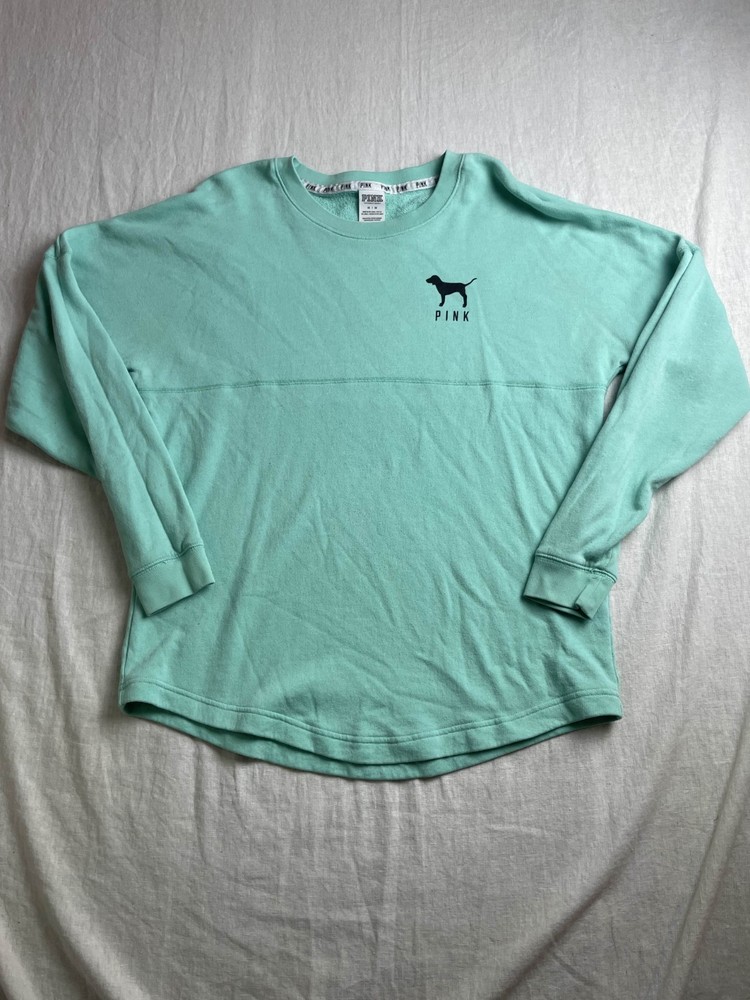 Victoria's Secret PINK Sweatshirt Mint Green Medium Fleece Crewneck Leopard Logo