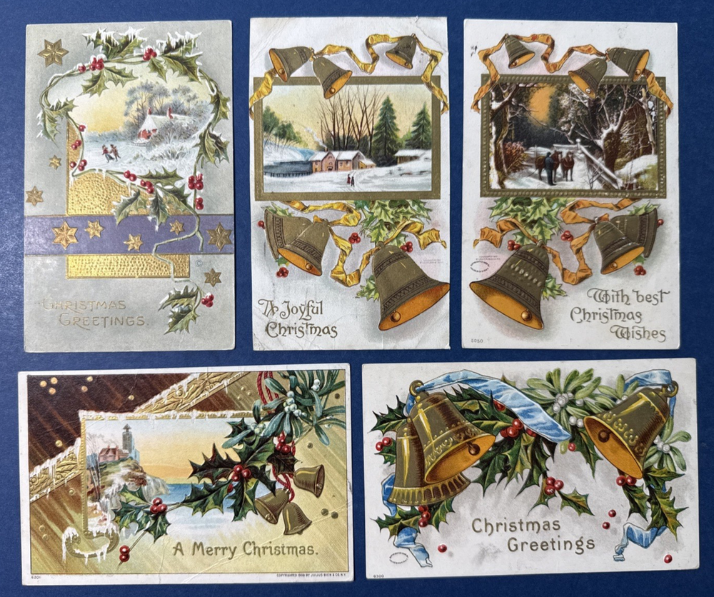 Beautiful 5 Christmas Antique Postcards. EMB. Gold. Scenes. Bells. PUBL: Bien