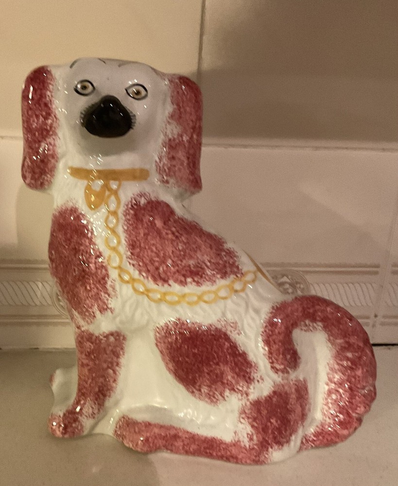 Wonderful STAFFORDSHIRE CERAMIC SPANIEL DOG Pink with Yellow eyes no cracks