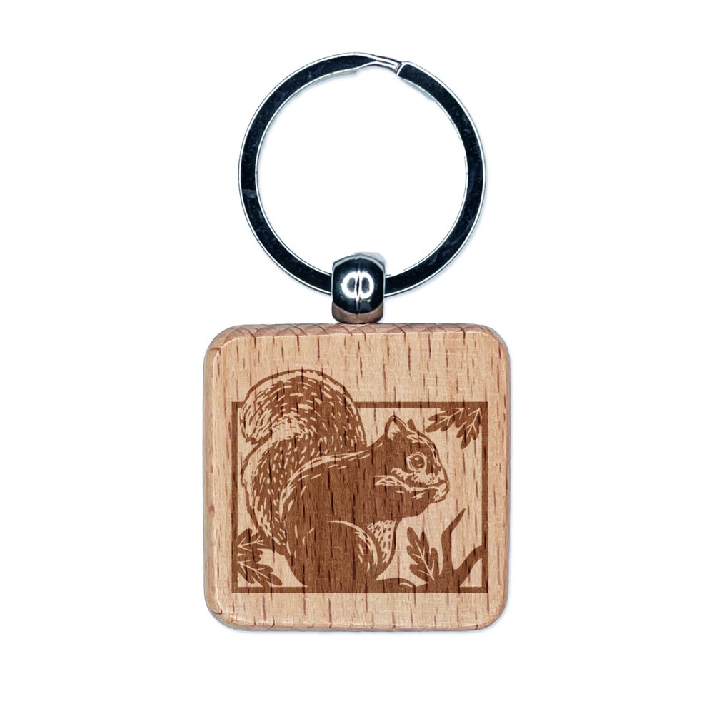 Engraved Wood Keychain with Squirrel and Oak Leaves Design