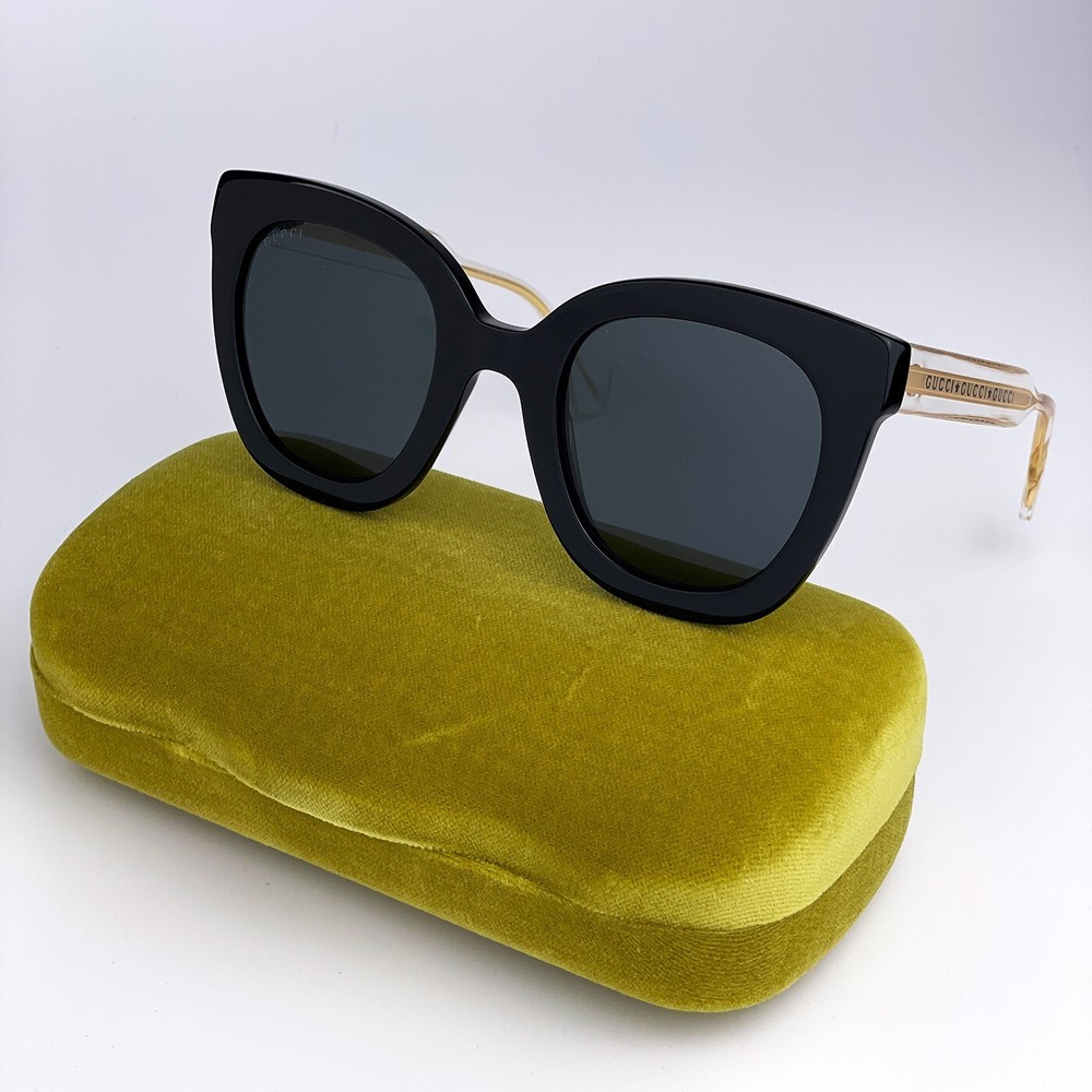 Gucci GG0564SN 001 Cat Eye Crystal Gold Black Gray Women’s 51MM Sunglasses New-image