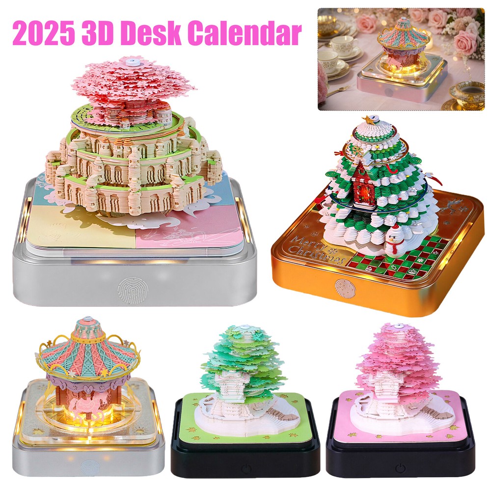 3D Desk Calendar Notepad 2025 Carving Memo Pad w/Lights Xmas Tree New year Gifts