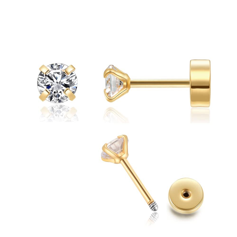4mm CZ Flat Screw Back Stud Earrings in 14K Gold Small Cubic Zirconia Earrings for Women