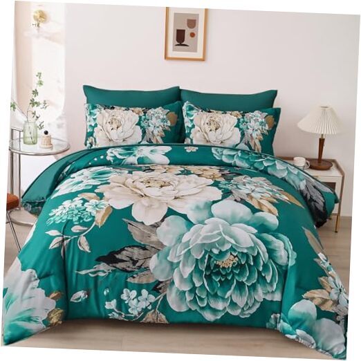Comforter Set Queen 7 Pieces Bed in a Bag Elegant Floral Queen 90“×90” Teal