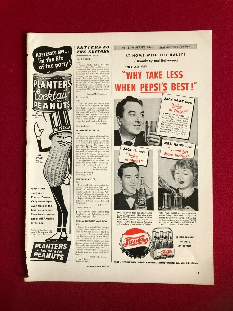 1949, PEPSI:COLA, Original Magazine Display Ad (Scarce / Vintage) Planters