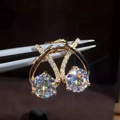 2 Ct Round Cut Real Moissanite Stud Earrings in 14K Yellow Gold Plated